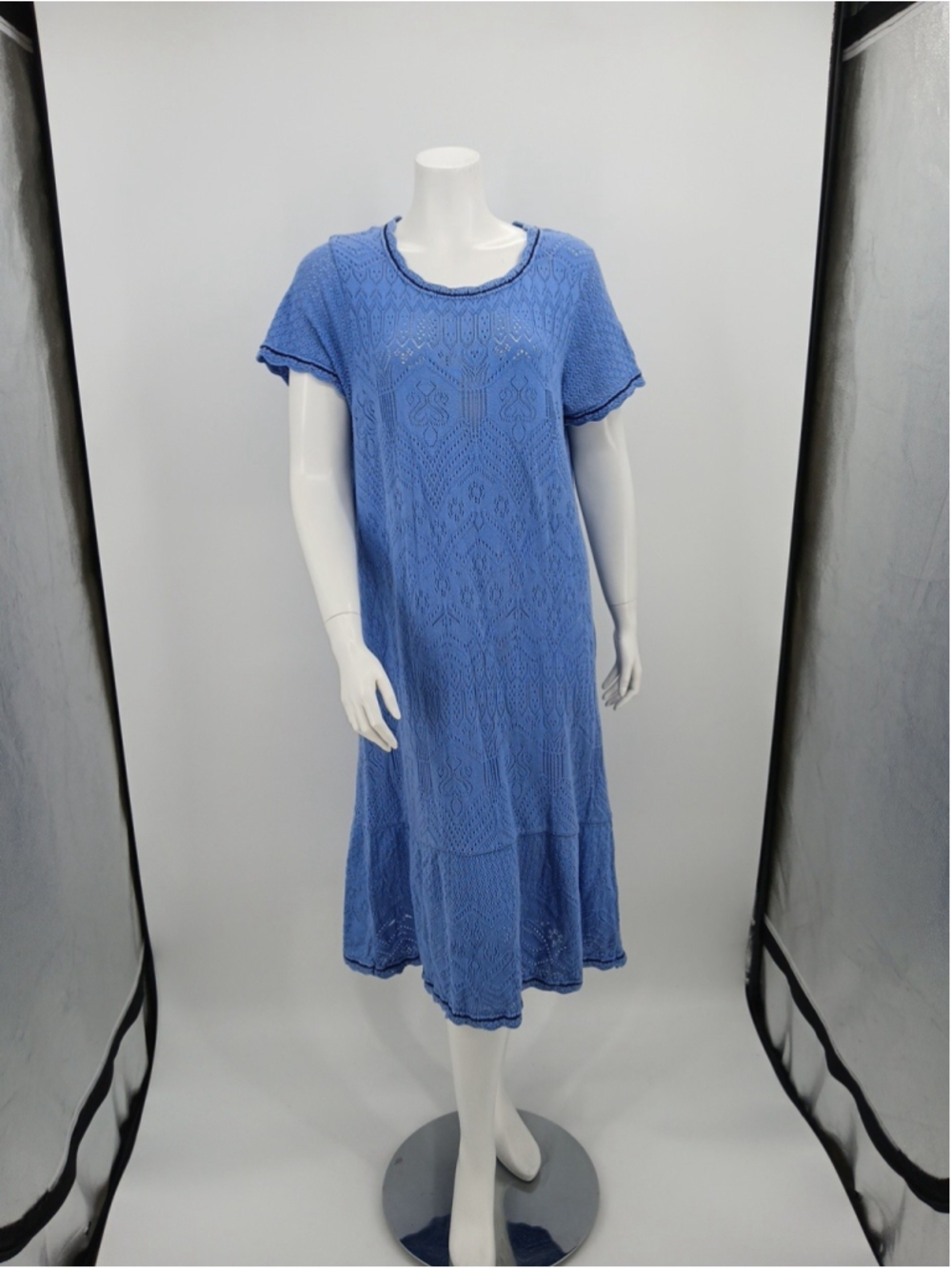 Odd Molly Pointelle Knit Midi Dress Size XL Blue Boho Sweater Cotton Open Knit
